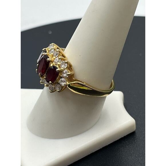 Vintage Vermeil Sterling Triple Oval Garnet Trilogy Engagement Ring Cz Diamond - Picture 4 of 11